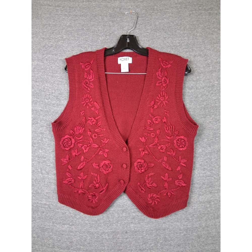 Koret Womens Sweater M Red Wool Blend Cardigan Vest Embroidered Floral Boho Knit